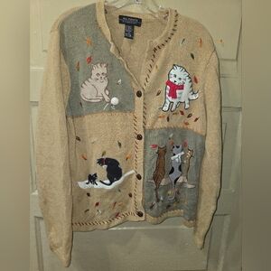 All Points By Reference Point Vintage Cats Yarn Winter Fall Leaves Knit Cardigan